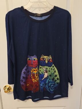 NEW  Laurel Burch Navy Long Sleeve Tee with Colorful Sun & Moon Cat Duo